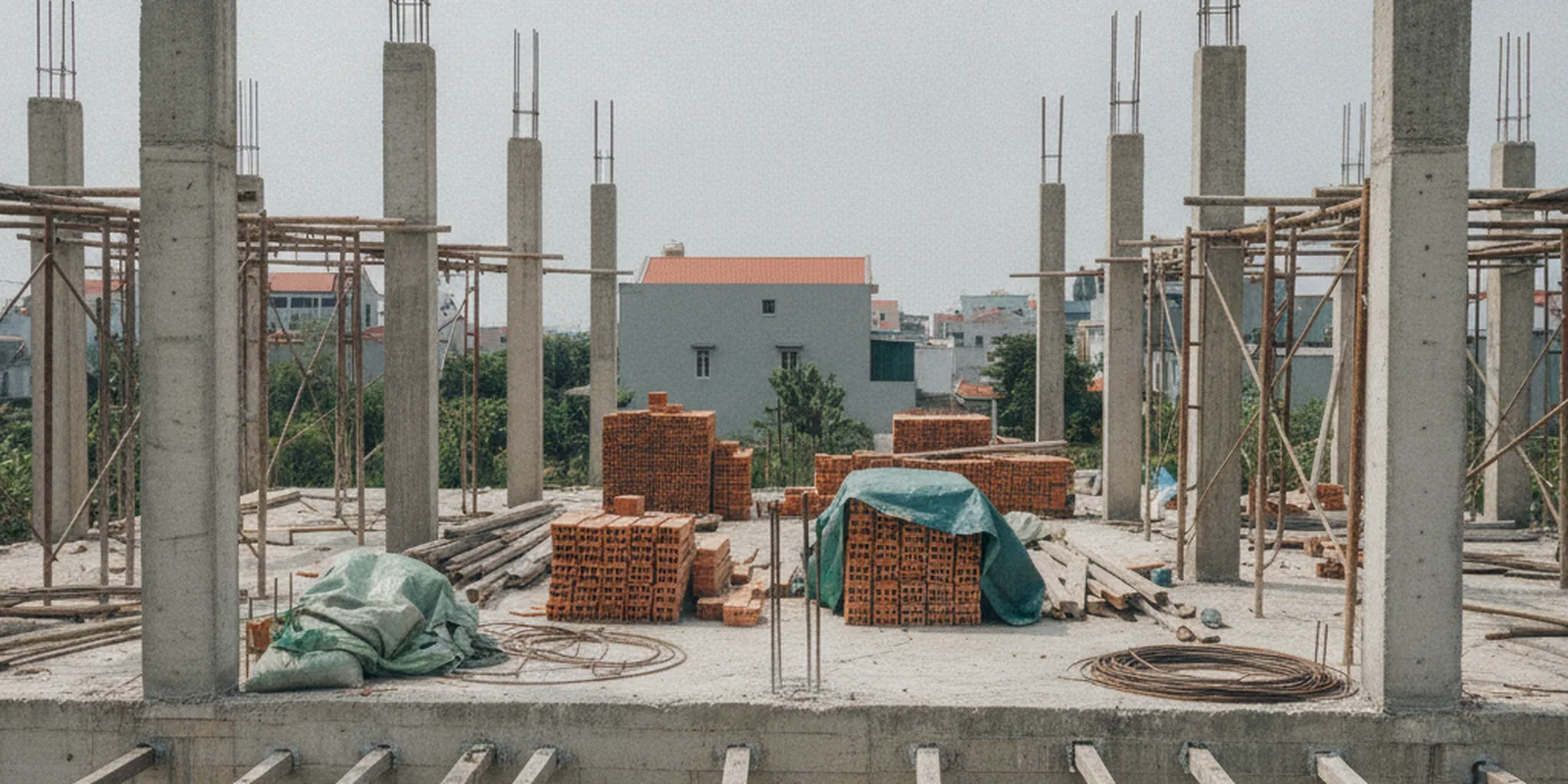Ảnh công trường nhà ở đang dừng thi công, cột bê tông dở dang và gạch xếp trên sàn, minh họa việc buộc dừng thi công để làm thủ tục điều chỉnh