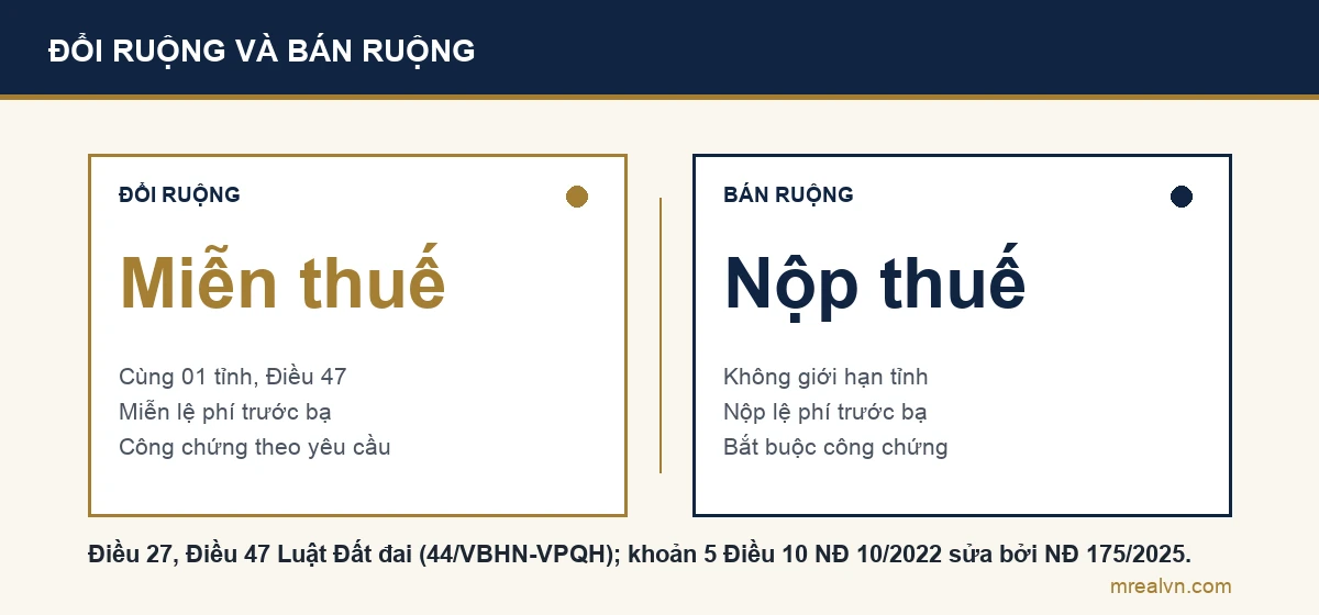 Sơ đồ so sánh: đổi ruộng theo Điều 47 Luật Đất đai trong cùng một tỉnh được miễn thuế thu nhập và lệ phí trước bạ, hợp đồng công chứng theo yêu cầu; bán ruộng phải nộp thuế, lệ phí và bắt buộc công chứng