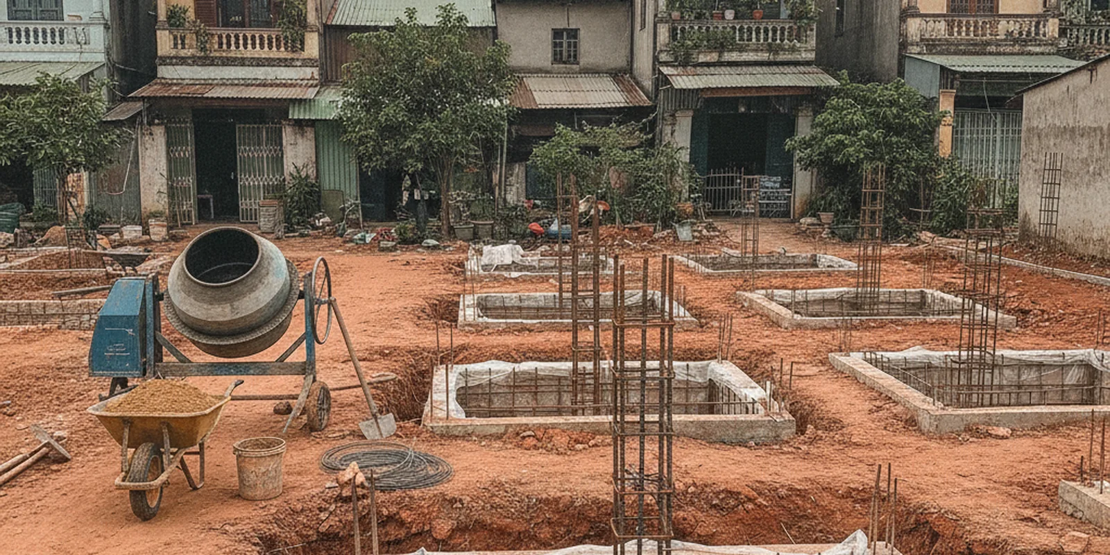 Ảnh công trường nhà ở mới đào móng ở Việt Nam, hố móng và thép chờ, minh họa rủi ro khởi công khi giấy phép xây dựng đã quá hạn