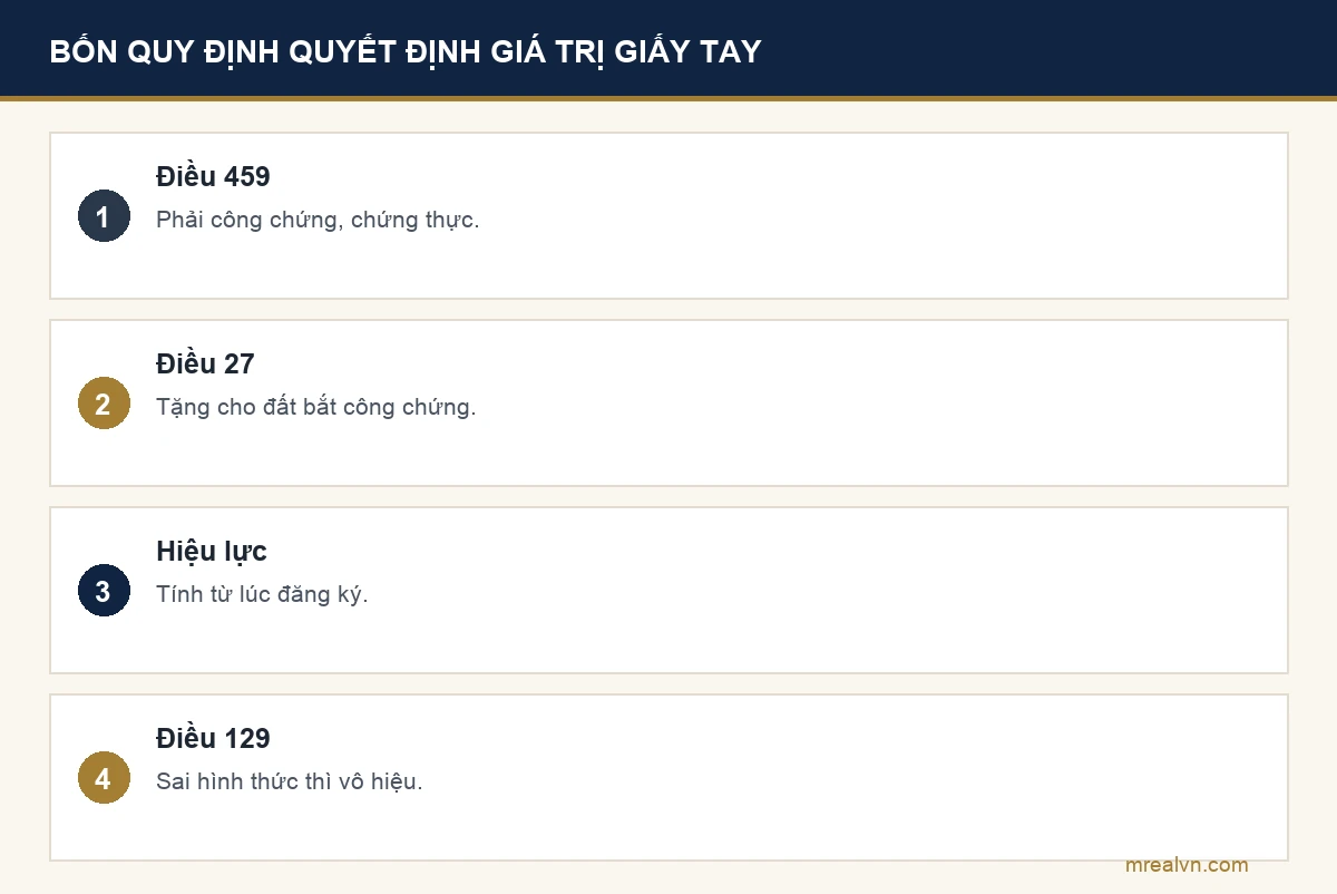 Bảng bốn dòng: khoản 1 Điều 459 phải công chứng hoặc chứng thực, điểm a khoản 3 Điều 27 Luật Đất đai bắt công chứng, khoản 2 Điều 459 hiệu lực từ lúc đăng ký, Điều 129 sai hình thức thì vô hiệu