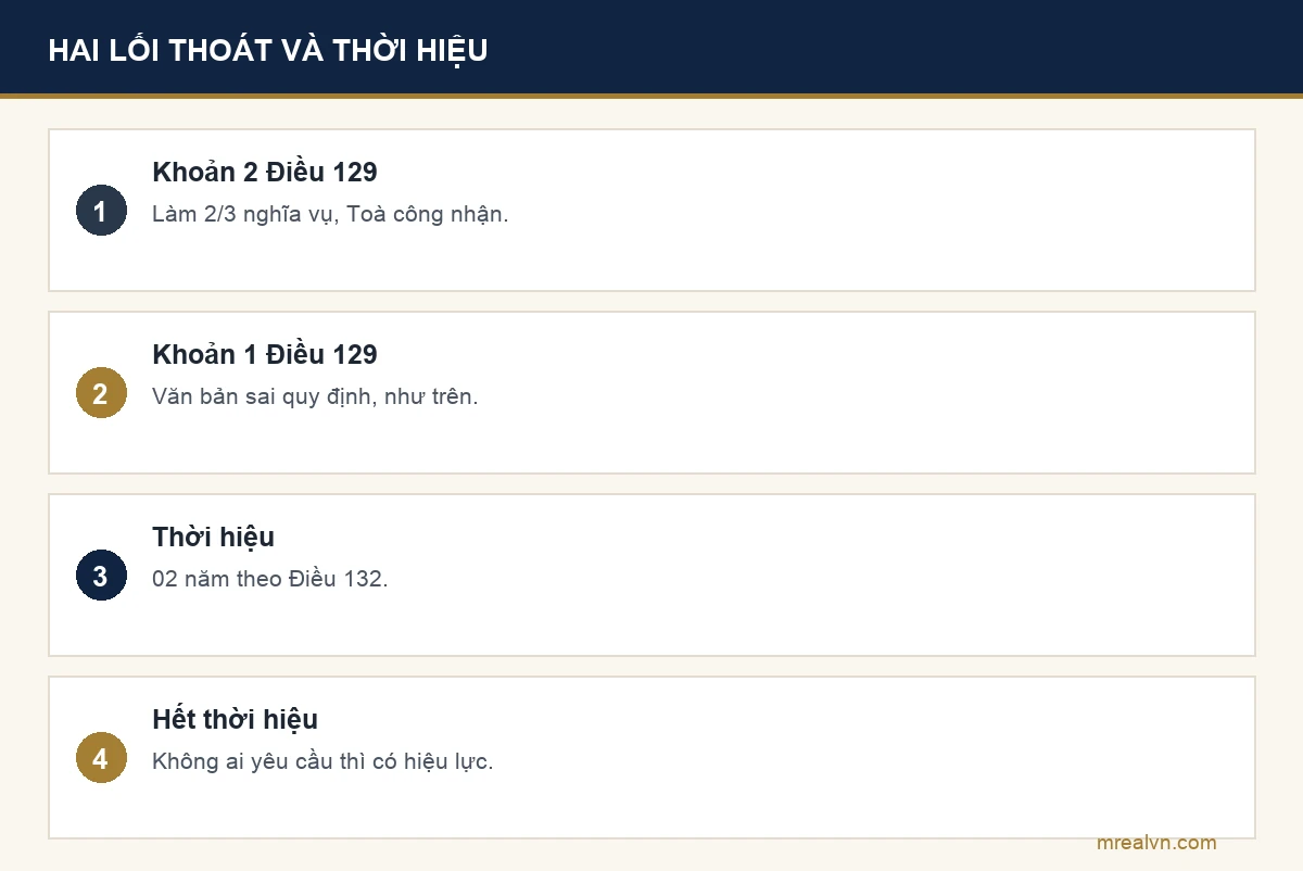 Bảng bốn dòng: khoản 2 Điều 129 thực hiện hai phần ba nghĩa vụ thì Toà án công nhận, khoản 1 Điều 129 văn bản không đúng quy định, thời hiệu 2 năm theo Điều 132, hết thời hiệu không ai yêu cầu thì giao dịch có hiệu lực