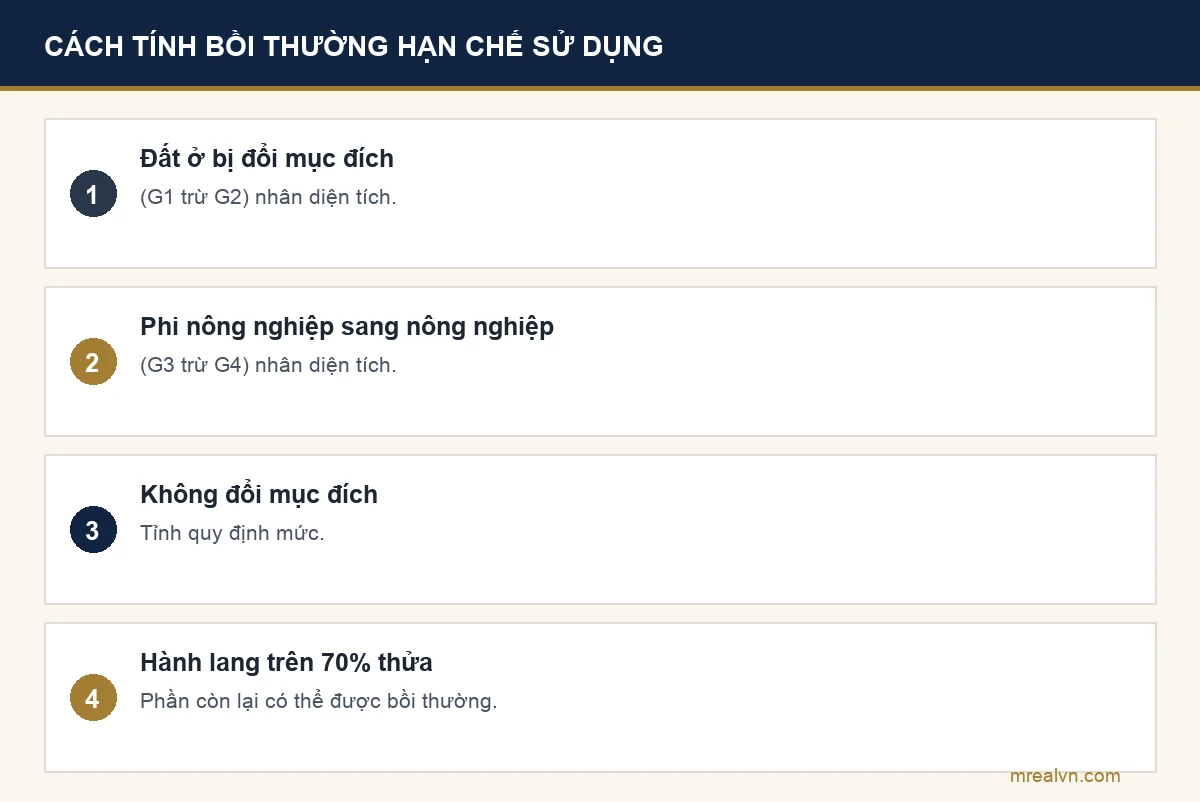 Bảng bốn dòng theo Điều 18 Nghị định 88/2024: đất ở bị đổi mục đích thì bồi thường bằng chênh lệch giá G1 trừ G2 nhân diện tích; đất phi nông nghiệp sang nông nghiệp thì G3 trừ G4 nhân diện tích; không đổi mục đích thì tỉnh quy định; hành lang chiếm khoảng không trên 70% thửa thì phần còn lại có thể được bồi thường