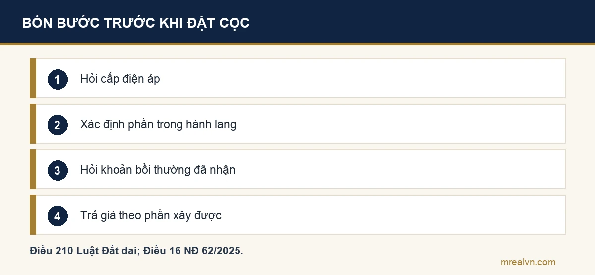 Sơ đồ bốn bước trước khi mua đất dưới đường điện: hỏi cấp điện áp của đường dây; xác định phần thửa đất nằm trong hành lang theo mốc giới đã công bố; hỏi người bán đã nhận bồi thường chưa; trả giá theo phần đất xây được