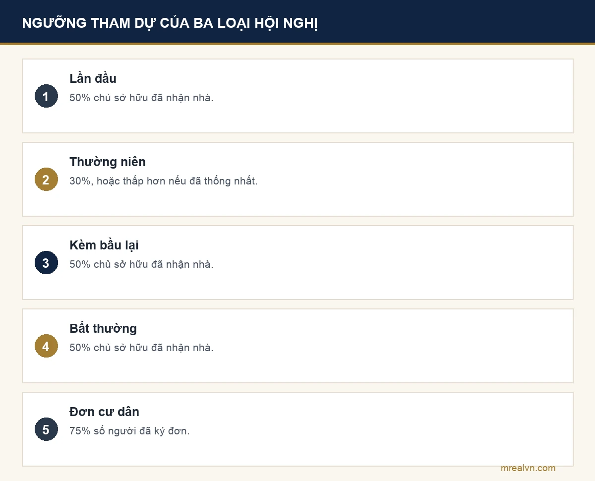 Bảng ngưỡng tham dự tối thiểu của hội nghị nhà chung cư theo Quy chế kèm Thông tư 05/2024: lần đầu 50% chủ sở hữu đã nhận bàn giao, thường niên 30%, thường niên kèm bầu hoặc bãi nhiệm 50%, bất thường 50%, bất thường theo đơn cư dân 75% số người ký đơn