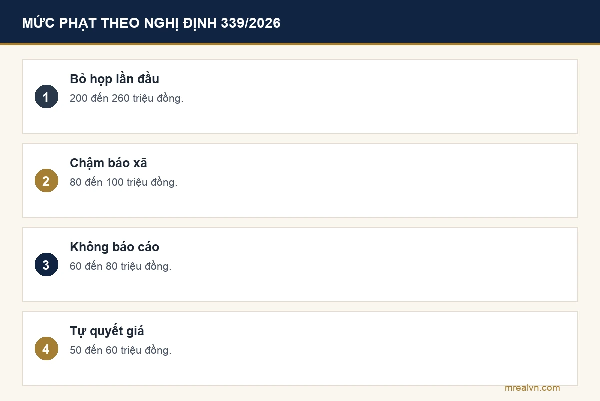 Bảng mức phạt liên quan hội nghị nhà chung cư theo Nghị định 339/2026: chủ đầu tư không tổ chức hội nghị lần đầu 200 đến 260 triệu đồng, chậm đề nghị xã tổ chức 80 đến 100 triệu, đơn vị vận hành không báo cáo 60 đến 80 triệu, ban quản trị tự quyết giá 50 đến 60 triệu