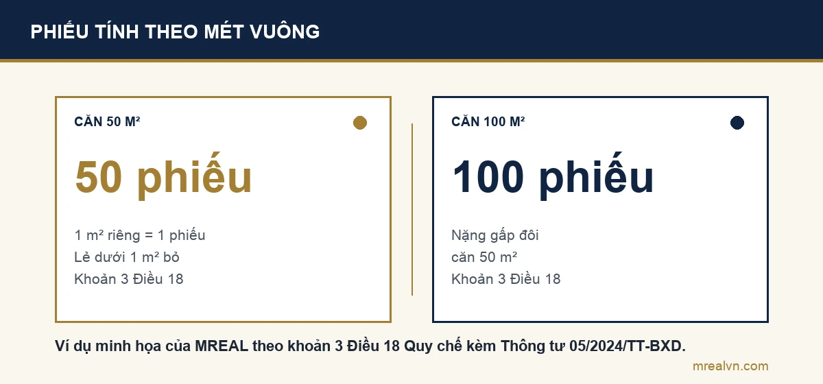 Sơ đồ so sánh số phiếu biểu quyết tại hội nghị nhà chung cư theo nguyên tắc 1 mét vuông sở hữu riêng bằng 1 phiếu: căn 50 mét vuông có 50 phiếu, căn 100 mét vuông có 100 phiếu, phần lẻ dưới 1 mét vuông không tính
