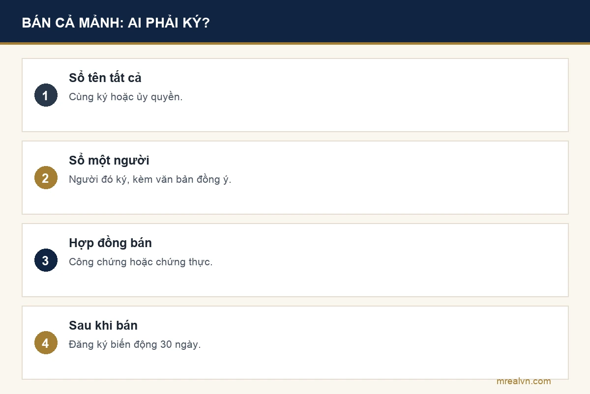 Bảng bốn dòng: sổ ghi tên tất cả thì cùng ký hoặc ủy quyền người đại diện; sổ một người đứng tên thì người đó ký nhưng cần văn bản đồng ý của cả nhóm; hợp đồng chuyển nhượng phải công chứng hoặc chứng thực; đăng ký biến động trong 30 ngày