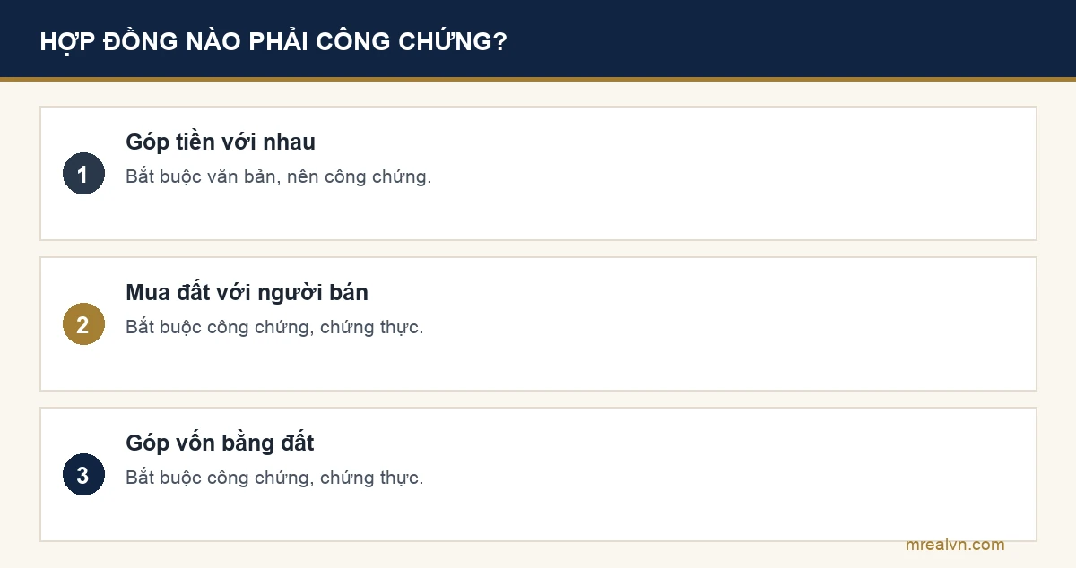 Bảng ba dòng: hợp đồng giữa những người góp tiền bắt buộc lập văn bản theo khoản 2 Điều 504 Bộ luật Dân sự; hợp đồng mua đất với người bán bắt buộc công chứng hoặc chứng thực; hợp đồng góp vốn bằng quyền sử dụng đất bắt buộc công chứng hoặc chứng thực theo điểm a khoản 3 Điều 27 Luật Đất đai