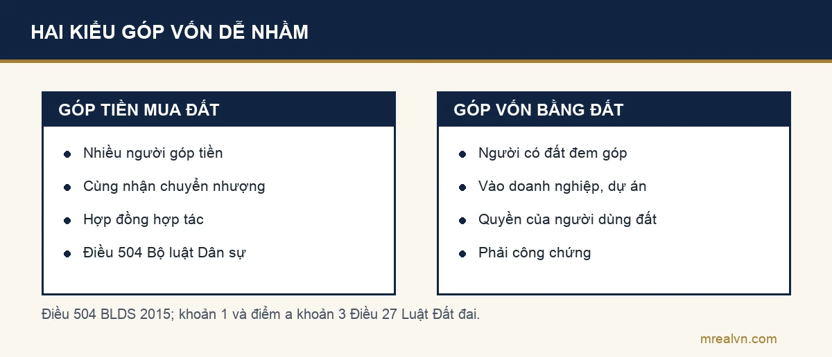 Sơ đồ hai cột: góp vốn mua đất là nhiều người góp tiền, cùng nhận chuyển nhượng, theo hợp đồng hợp tác Điều 504 Bộ luật Dân sự; góp vốn bằng quyền sử dụng đất là người có đất đem đất góp vào doanh nghiệp hoặc dự án, theo khoản 1 Điều 27 Luật Đất đai, hợp đồng phải công chứng