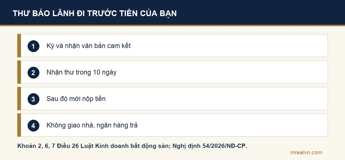 Sơ đồ bốn bước bảo lãnh ngân hàng khi mua căn hộ hình thành trong tương lai: ký hợp đồng và nhận bản sao văn bản cam kết bảo lãnh, nhận thư bảo lãnh trong 10 ngày làm việc, sau đó mới nộp tiền, nếu chủ đầu tư không giao nhà thì ngân hàng trả thay