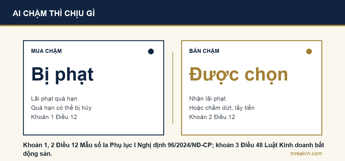 Sơ đồ so sánh hai chiều vi phạm trong hợp đồng mua căn hộ theo Mẫu số Ia: người mua chậm trả tiền thì bị tính lãi phạt và có thể bị hủy hợp đồng, chủ đầu tư chậm giao nhà thì trả lãi phạt, người mua được chọn tiếp tục hoặc chấm dứt và nhận lại tiền