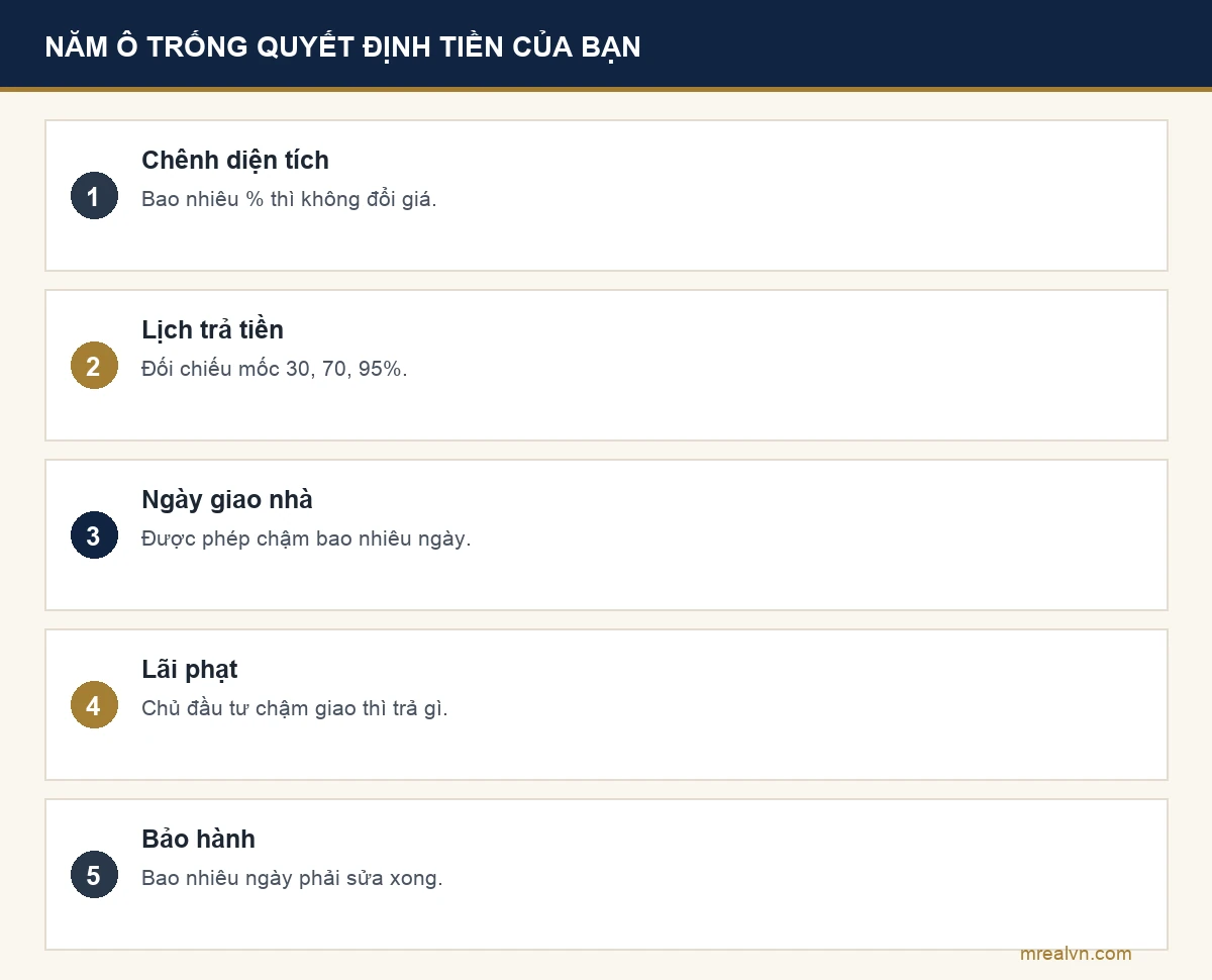 Bảng năm ô trống quan trọng nhất trong Mẫu số Ia hợp đồng mua bán căn hộ chung cư theo lựa chọn của MREAL: tỷ lệ chênh lệch diện tích, lịch thanh toán từng đợt, ngày bàn giao và số ngày được chậm, lãi phạt chậm bàn giao, số ngày sửa hư hỏng khi bảo hành
