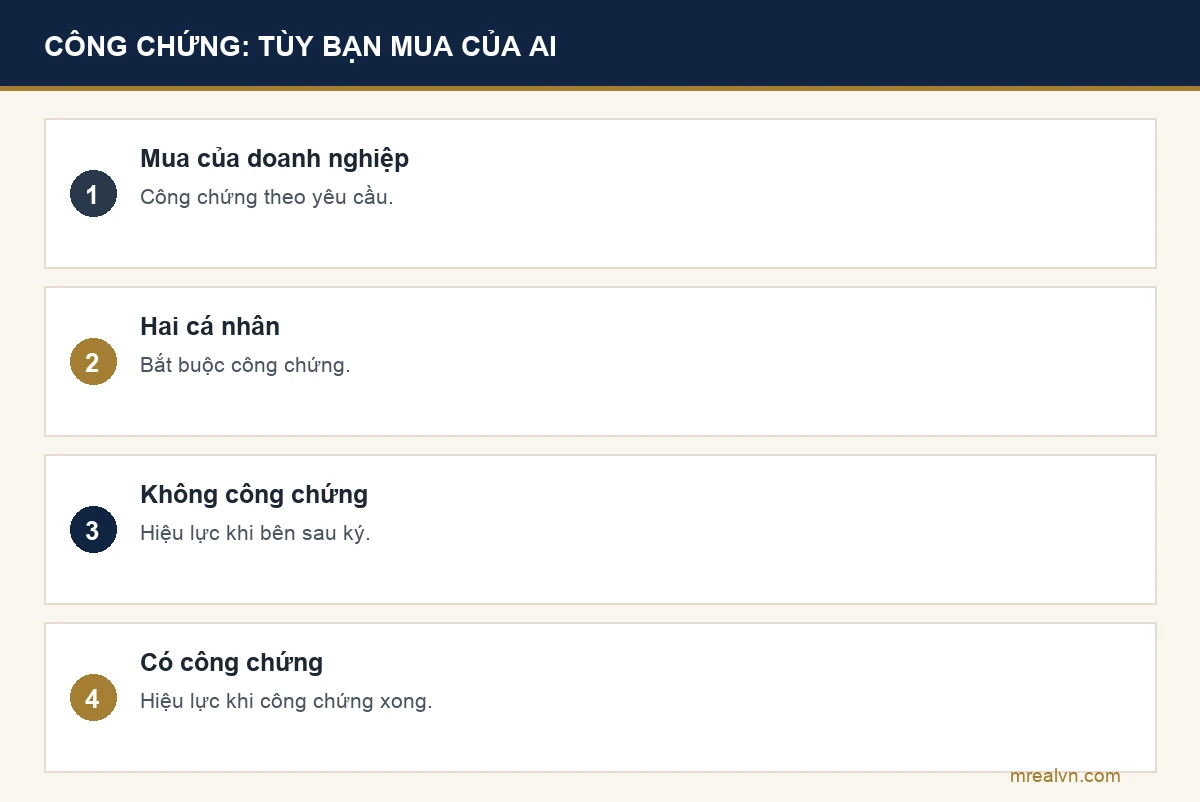 Bảng về công chứng hợp đồng mua căn hộ theo Luật Kinh doanh bất động sản và Luật Nhà ở: mua của doanh nghiệp thì công chứng theo yêu cầu, hai cá nhân thì bắt buộc công chứng, hợp đồng không công chứng có hiệu lực khi bên sau cùng ký, có công chứng thì hiệu lực khi công chứng xong