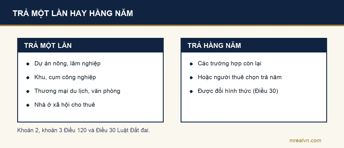 Sơ đồ hai cột: trả một lần cho dự án nông lâm nghiệp, khu cụm công nghiệp, thương mại du lịch văn phòng, nhà ở xã hội cho thuê; trả hằng năm cho các trường hợp còn lại hoặc khi người thuê chọn, được đổi hình thức