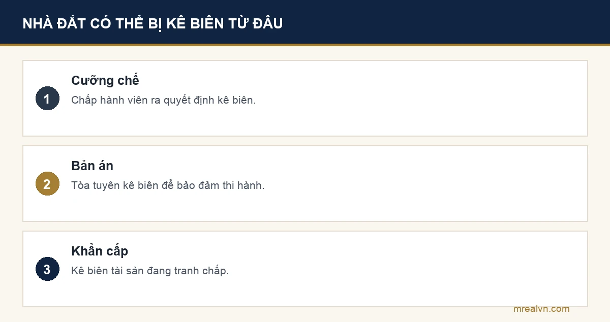 Bảng ba dòng: Chấp hành viên kê biên để cưỡng chế thi hành án; bản án, quyết định của tòa tuyên kê biên để bảo đảm thi hành án; kê biên tài sản đang tranh chấp theo biện pháp khẩn cấp tạm thời