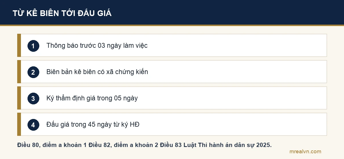 Sơ đồ bốn bước: thông báo trước 03 ngày làm việc, lập biên bản kê biên có chính quyền xã và cơ quan đất đai, ký hợp đồng thẩm định giá trong 05 ngày làm việc, đấu giá bất động sản trong 45 ngày kể từ ngày ký hợp đồng dịch vụ đấu giá