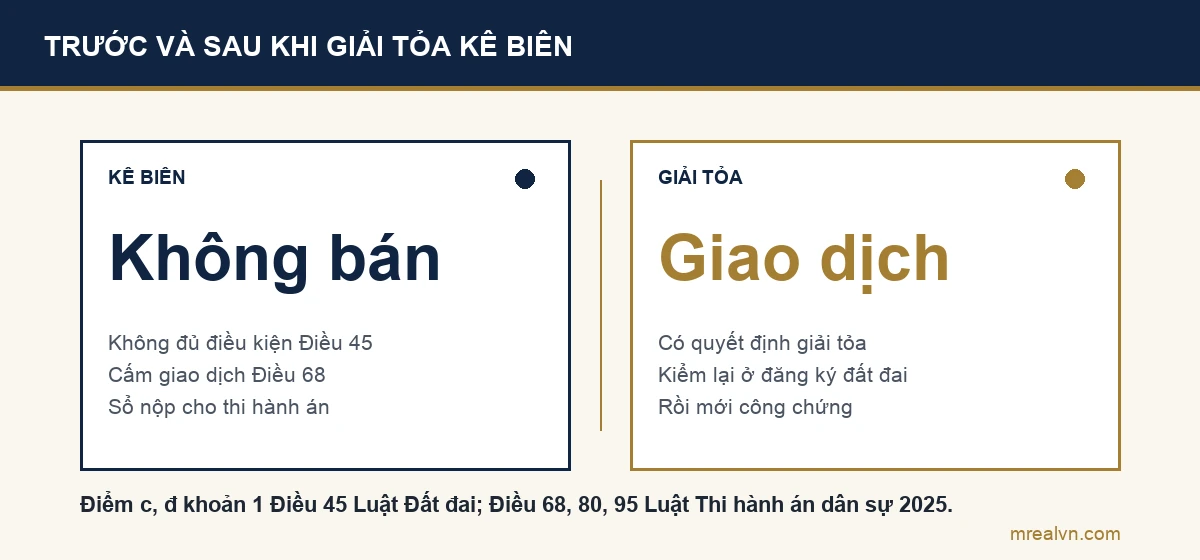 Sơ đồ so sánh: đang bị kê biên thì không đủ điều kiện chuyển nhượng, tặng cho, thế chấp và sổ bị thu về; đã có quyết định giải tỏa thì giao dịch lại được nếu đủ điều kiện chung