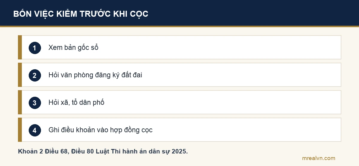 Sơ đồ bốn bước: xem bản gốc sổ, hỏi văn phòng đăng ký đất đai, hỏi chính quyền xã hoặc tổ dân phố, ghi điều khoản không bị kê biên vào hợp đồng cọc