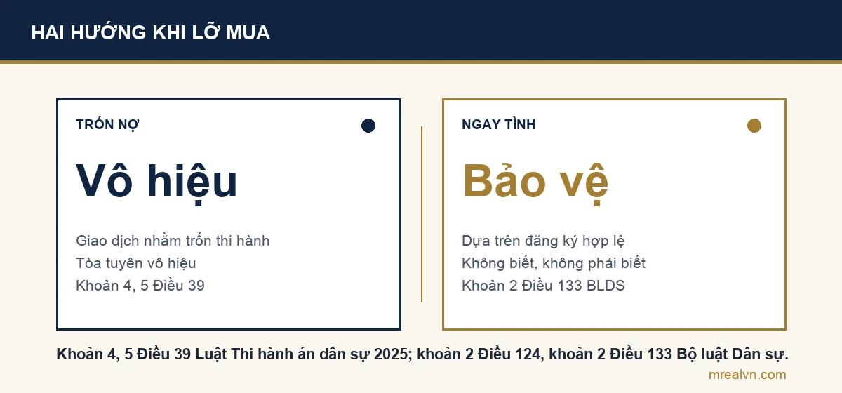 Sơ đồ so sánh: giao dịch nhằm trốn thi hành án có thể bị tòa tuyên vô hiệu theo Điều 39; người thứ ba ngay tình giao dịch dựa trên đăng ký hợp lệ được bảo vệ theo khoản 2 Điều 133 Bộ luật Dân sự