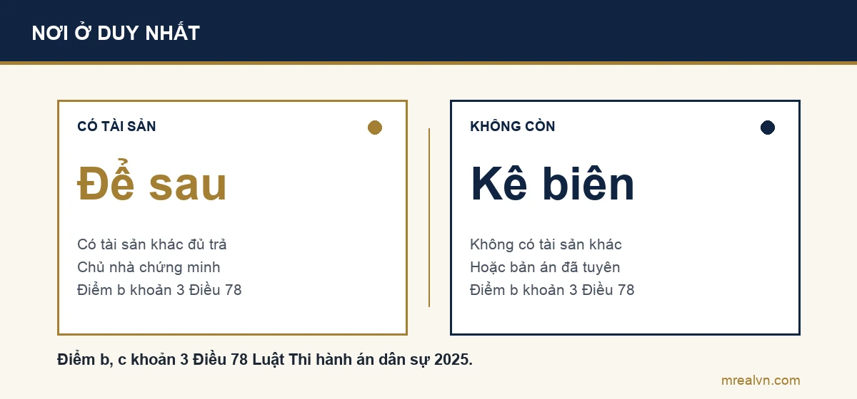 Sơ đồ so sánh: còn tài sản khác đủ trả thì chưa kê biên nhà ở duy nhất; không có tài sản khác, chủ nhà đồng ý hoặc bản án đã tuyên thì vẫn kê biên