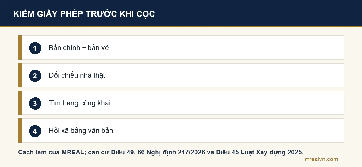 Sơ đồ bốn bước người mua nhà kiểm giấy phép xây dựng theo cách làm của MREAL: xin bản chính kèm bản vẽ đóng dấu, đối chiếu nội dung theo Điều 49 và so với ngôi nhà thật, tìm trên trang công khai của cơ quan cấp phép, gửi câu hỏi bằng văn bản cho Ủy ban nhân dân cấp xã