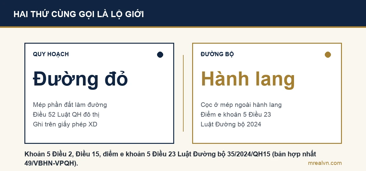 Sơ đồ so sánh: chỉ giới đường đỏ theo quy hoạch là mép phần đất làm đường; mốc lộ giới theo Luật Đường bộ là cọc ở mép ngoài cùng của hành lang an toàn đường bộ