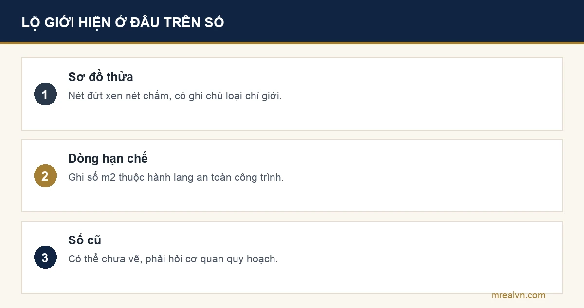 Bảng ba dòng: sơ đồ thửa có đường nét đứt xen nét chấm kèm ghi chú loại chỉ giới; dòng hạn chế ghi số mét vuông thuộc hành lang an toàn; sổ cũ có thể chưa vẽ nên phải hỏi thêm