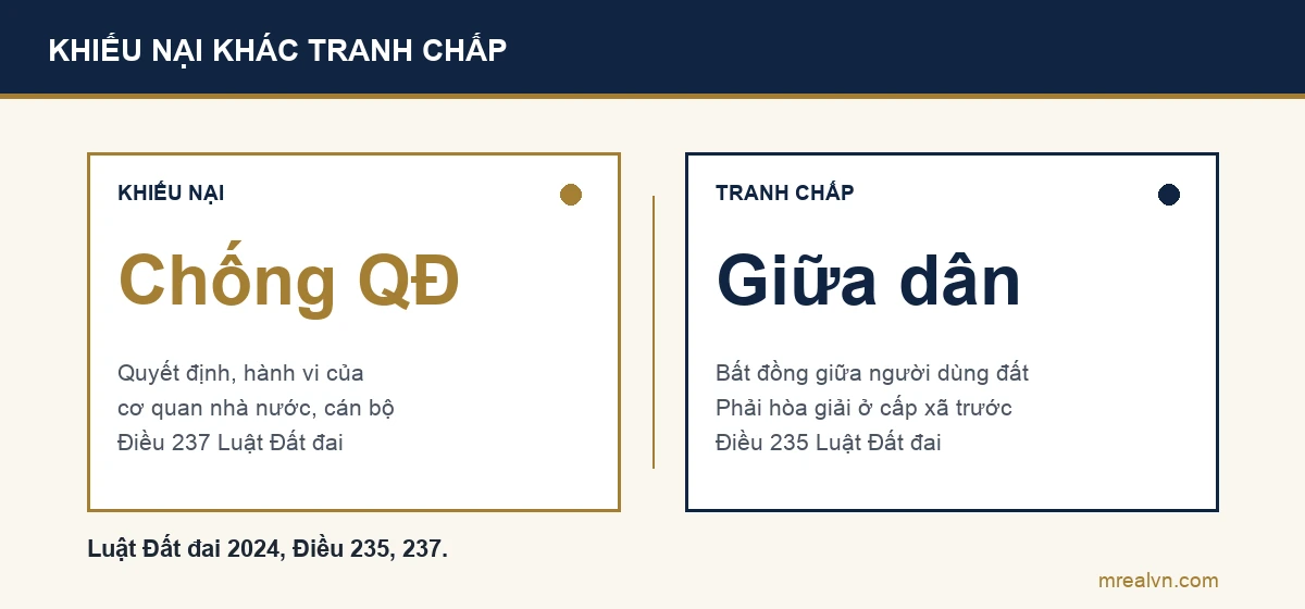 Sơ đồ so sánh: khiếu nại chống quyết định, hành vi hành chính của cơ quan nhà nước theo Luật Khiếu nại và khoản 2 Điều 237 Luật Đất đai; tranh chấp là bất đồng giữa người dùng đất, phải hòa giải tại Ủy ban nhân dân cấp xã theo khoản 2 Điều 235