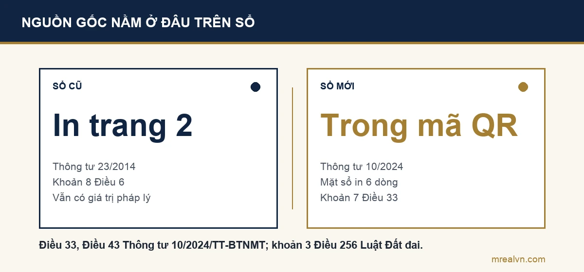 Sơ đồ so sánh: sổ cũ theo Thông tư 23/2014 in dòng nguồn gốc ở trang 2; sổ mẫu mới theo Thông tư 10/2024 không in trên mặt sổ mà để trong mã QR, mặt sổ chỉ có 6 thông tin thửa đất