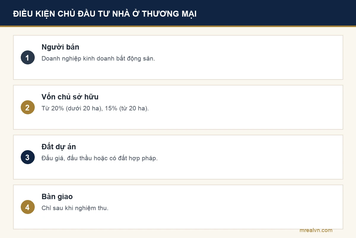 Bảng bốn dòng: chủ đầu tư phải là doanh nghiệp kinh doanh bất động sản; vốn chủ sở hữu không thấp hơn 20% tổng vốn đầu tư với dự án dưới 20 ha, 15% với dự án từ 20 ha; có quyền sử dụng đất hợp pháp; chỉ bàn giao nhà sau khi nghiệm thu