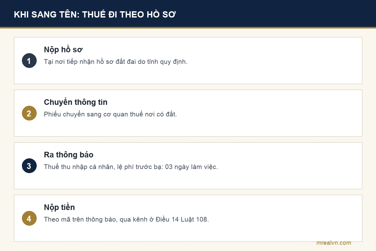 Bảng bốn bước nộp thuế khi sang tên sổ đỏ theo Điều 17 Nghị định 252/2026: nộp hồ sơ tại nơi tiếp nhận hồ sơ đất đai do tỉnh quy định; phiếu chuyển thông tin sang cơ quan thuế nơi có đất; cơ quan thuế ra thông báo thuế thu nhập cá nhân, lệ phí trước bạ chậm nhất 03 ngày làm việc; nộp tiền theo mã trên thông báo