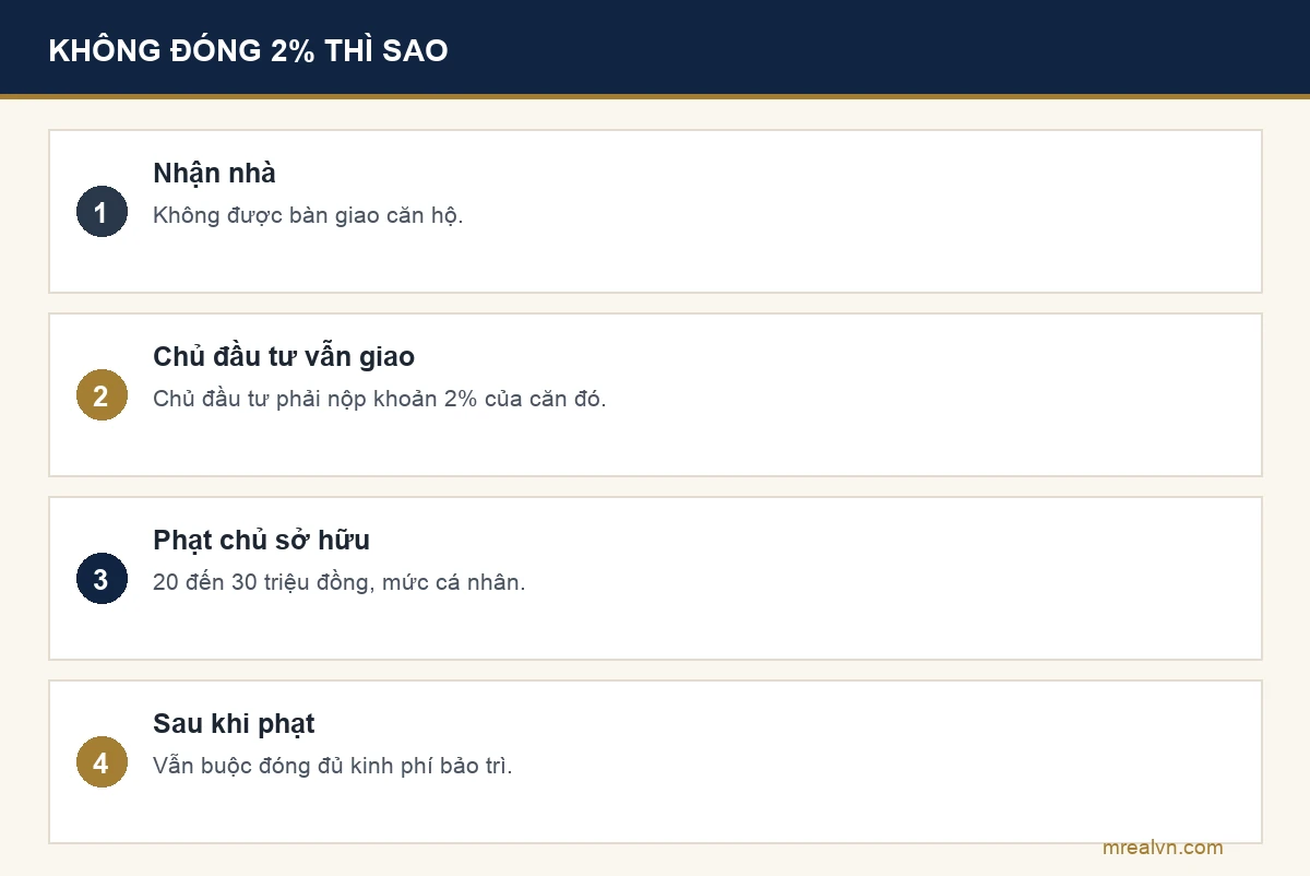 Bảng hậu quả khi không đóng kinh phí bảo trì chung cư: không được bàn giao căn hộ, chủ đầu tư vẫn giao thì chủ đầu tư nộp thay, chủ sở hữu bị phạt 20 đến 30 triệu đồng theo khoản 1 Điều 62 Nghị định 339/2026, vẫn buộc đóng đủ
