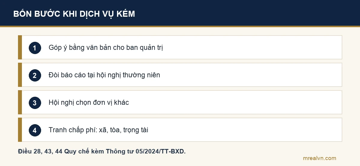 Bốn bước cư dân làm khi đơn vị quản lý vận hành làm kém: góp ý bằng văn bản, đòi báo cáo tại hội nghị, hội nghị chọn đơn vị khác, đưa tranh chấp phí ra ủy ban xã hoặc tòa án