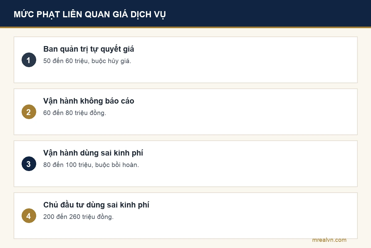 Bảng mức phạt theo Nghị định 339/2026: ban quản trị tự quyết giá 50 đến 60 triệu, đơn vị vận hành không báo cáo 60 đến 80 triệu, dùng sai kinh phí 80 đến 100 triệu, chủ đầu tư dùng sai 200 đến 260 triệu