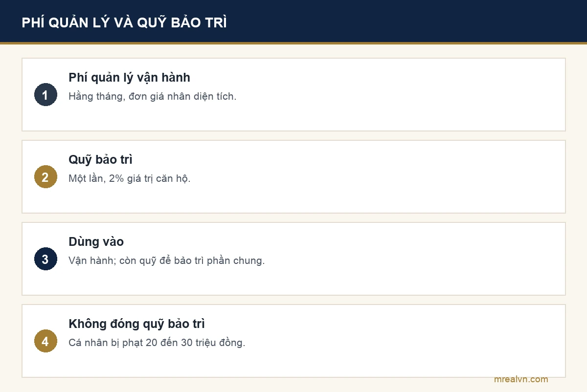 Bảng so sánh phí quản lý vận hành đóng hằng tháng theo mét vuông với kinh phí bảo trì 2% giá trị căn hộ đóng một lần trước khi nhận nhà
