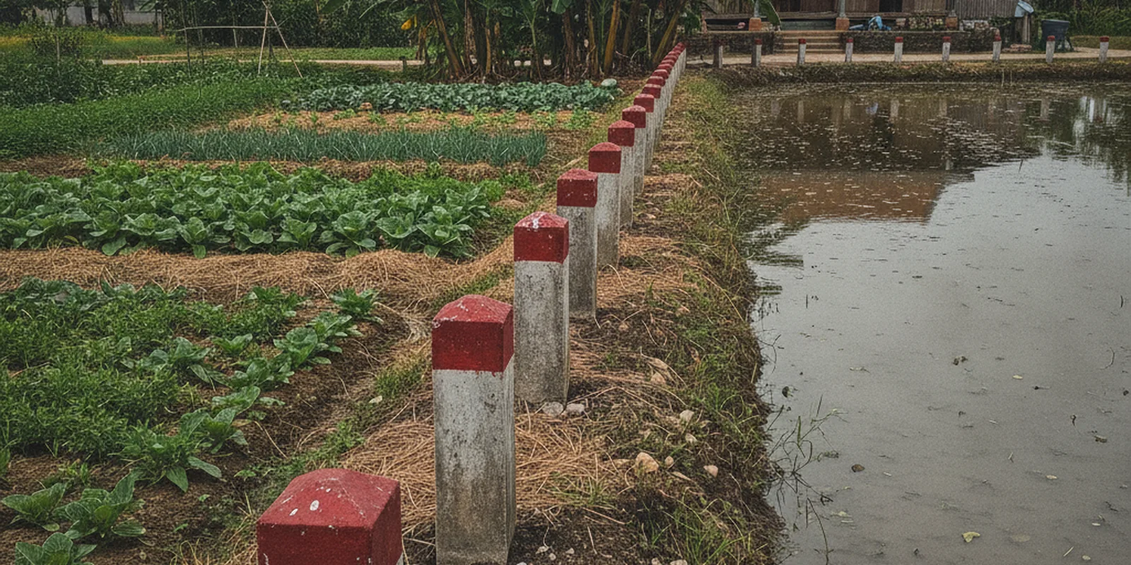 Ảnh cọc mốc giới bê tông cắm trên ruộng và vườn ở nông thôn Việt Nam, minh họa giai đoạn đo đạc trước khi thu hồi đất