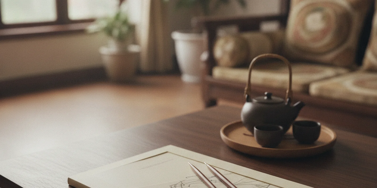 Ảnh bàn gỗ trong phòng khách gia đình Việt Nam với tập hồ sơ, bút ký và chén trà, minh họa việc các thành viên cùng thống nhất trước khi ký giao dịch đất chung