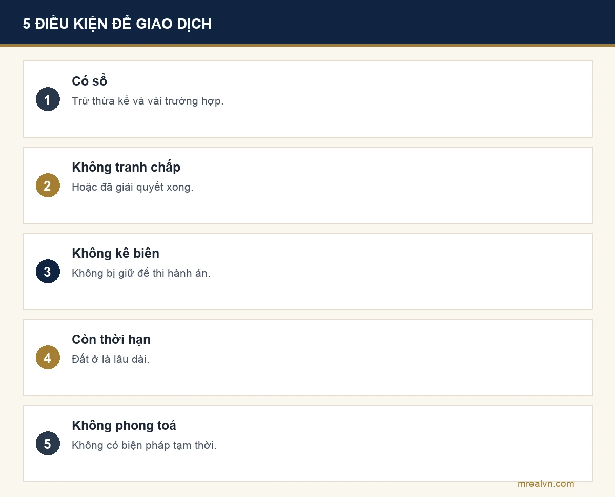 Bảng năm điều kiện để chuyển nhượng, tặng cho, thế chấp quyền sử dụng đất theo khoản 1 Điều 45 Luật Đất đai 2024: có giấy chứng nhận, không tranh chấp, không bị kê biên, còn thời hạn sử dụng đất, không bị áp dụng biện pháp khẩn cấp tạm thời