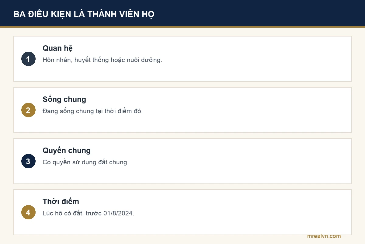 Bảng theo khoản 25 Điều 3 Luật Đất đai 2024: có quan hệ hôn nhân, huyết thống, nuôi dưỡng; đang sống chung; có quyền sử dụng đất chung; tất cả tính tại thời điểm hộ được giao, cho thuê, công nhận hoặc nhận chuyển quyền, trước ngày 01/8/2024