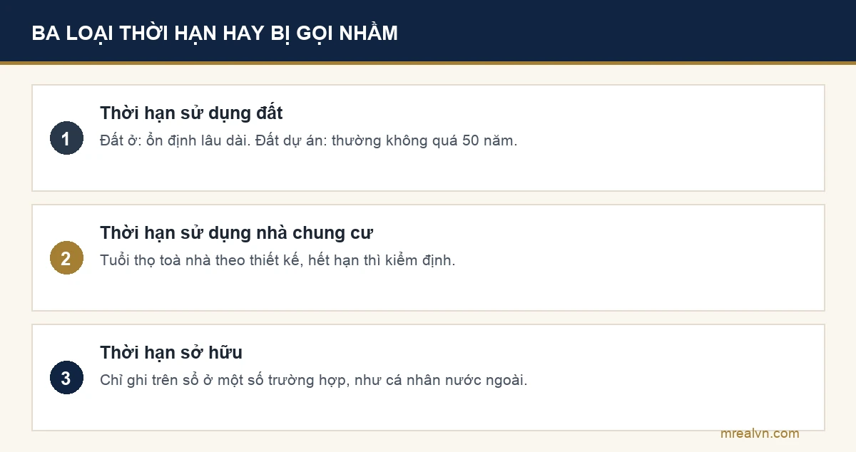 Bảng ba loại thời hạn hay bị gọi nhầm khi mua chung cư: thời hạn sử dụng đất theo Điều 171 và 172 Luật Đất đai, thời hạn sử dụng nhà chung cư theo Điều 58 Luật Nhà ở, thời hạn sở hữu chỉ có ở một số trường hợp như người nước ngoài