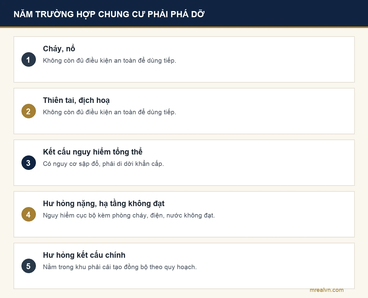 Bảng năm trường hợp nhà chung cư phải phá dỡ theo khoản 2 Điều 59 Luật Nhà ở: hư hỏng do cháy nổ, hư hỏng do thiên tai địch hoạ, kết cấu chịu lực nguy hiểm tổng thể, hư hỏng nặng kèm hạ tầng không đạt, hư hỏng kết cấu trong khu phải cải tạo đồng bộ