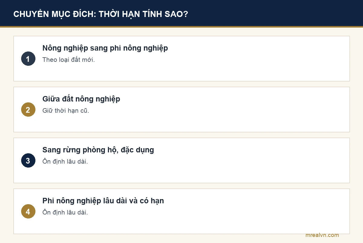 Bảng bốn dòng theo Điều 173: đất nông nghiệp sang phi nông nghiệp theo loại đất mới, tính từ ngày có quyết định; giữa các loại đất nông nghiệp giữ thời hạn cũ; sang rừng đặc dụng, phòng hộ ổn định lâu dài; giữa đất phi nông nghiệp lâu dài và có thời hạn thì lâu dài