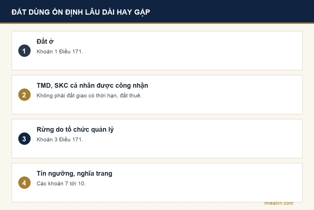 Bảng bốn dòng theo Điều 171 Luật Đất đai: đất ở; đất thương mại dịch vụ, cơ sở sản xuất của cá nhân được công nhận không phải đất giao có thời hạn hay đất thuê; đất rừng do tổ chức quản lý, đất nông nghiệp cộng đồng; đất tín ngưỡng, tôn giáo, nghĩa trang, công cộng không kinh doanh
