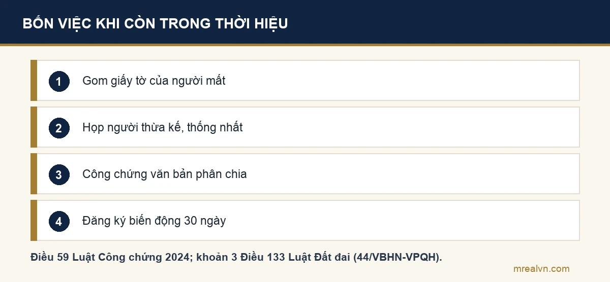 Sơ đồ bốn bước: gom giấy tờ của người đã mất, họp người thừa kế thống nhất, công chứng văn bản phân chia di sản, đăng ký biến động trong 30 ngày