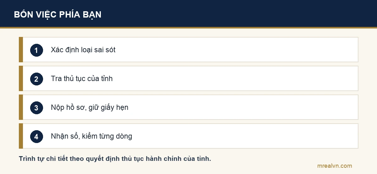 Bốn việc người có sổ đỏ sai cần làm: xác định loại sai sót, tra thủ tục đính chính của tỉnh, nộp hồ sơ và giữ giấy hẹn, nhận sổ và kiểm lại từng dòng