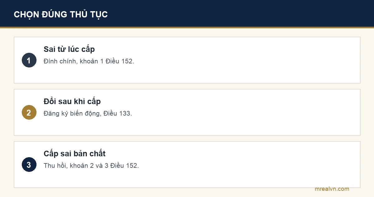 Bảng chọn thủ tục khi sổ đỏ có sai: sai từ lúc cấp thì đính chính, đổi sau khi cấp thì đăng ký biến động, cấp sai bản chất thì thu hồi giấy chứng nhận