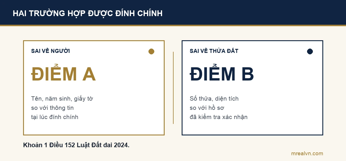 So sánh hai trường hợp đính chính sổ đỏ theo khoản 1 Điều 152 Luật Đất đai 2024: sai thông tin người được cấp so với lúc đính chính, và sai thông tin thửa đất so với hồ sơ đã xác nhận