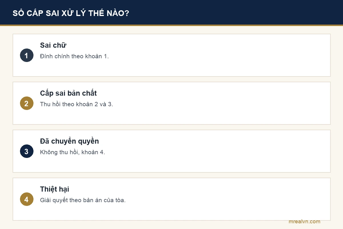 Bảng xử lý sổ đỏ cấp sai theo Điều 152 Luật Đất đai 2024: sai chữ thì đính chính, cấp sai bản chất thì thu hồi, đã chuyển quyền hợp pháp thì không thu hồi, thiệt hại giải quyết tại tòa