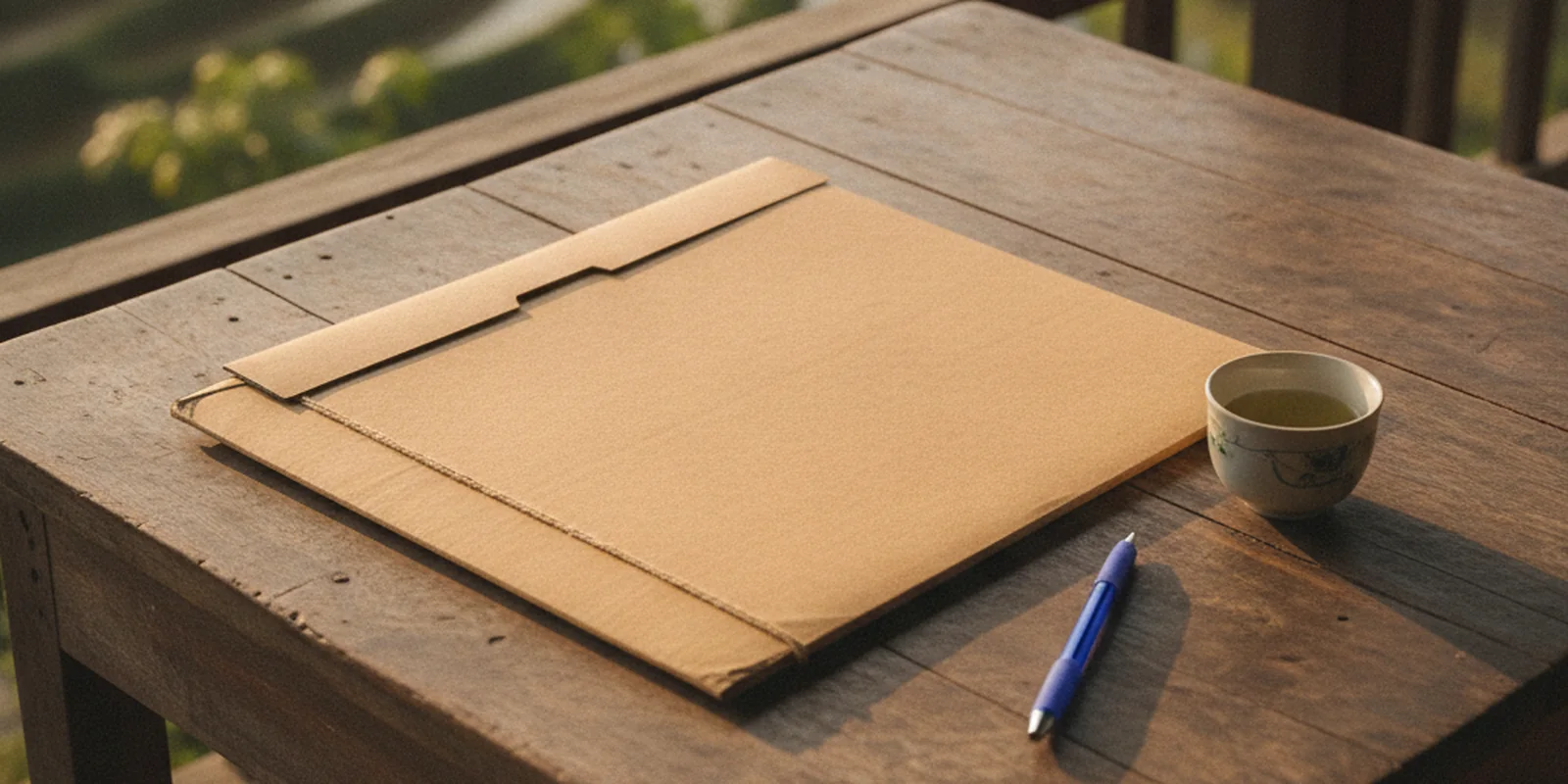Ảnh bàn gỗ ngoài hiên nhà ở nông thôn Việt Nam, kẹp hồ sơ bìa giấy, cây bút và chén trà, minh họa việc đem giấy tờ đất đi hỏi xác nhận thời hạn
