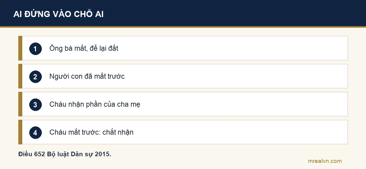 Sơ đồ bốn bước của thừa kế thế vị theo Điều 652 Bộ luật Dân sự 2015: ông bà mất để lại di sản, người con đã mất trước, cháu nhận phần cha hoặc mẹ lẽ ra được hưởng, cháu cũng mất trước thì chắt nhận